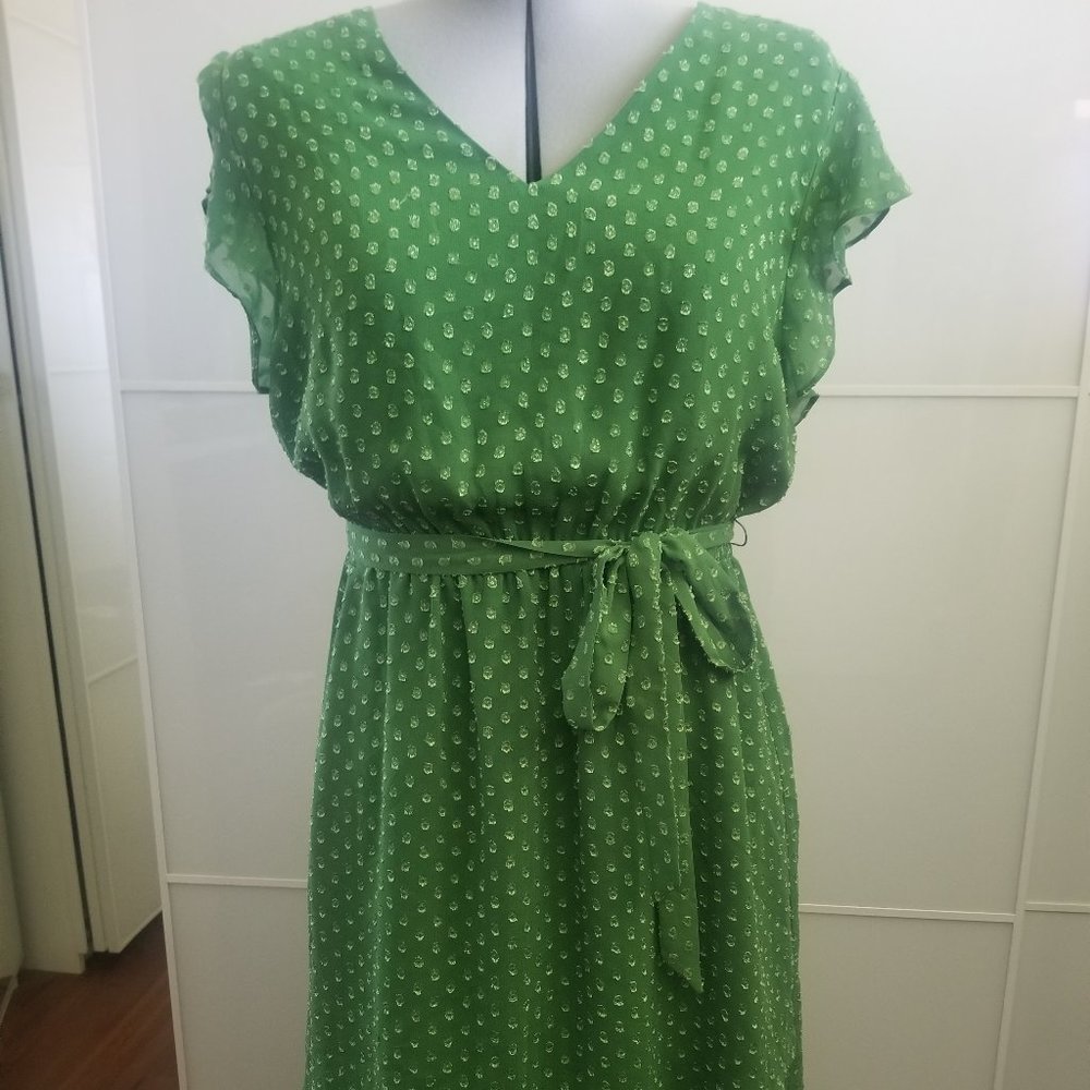 DR2 Tie Waist V-Neck Ruffle Sleeve Textured Dot